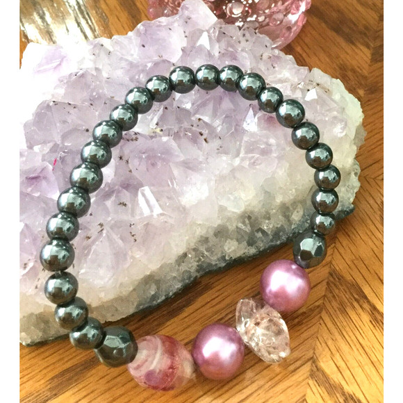 New Natural Hematite Bead Bracelet w/ Pink Crystal, Pearls & Lampwork Beads - Picture 2 of 8